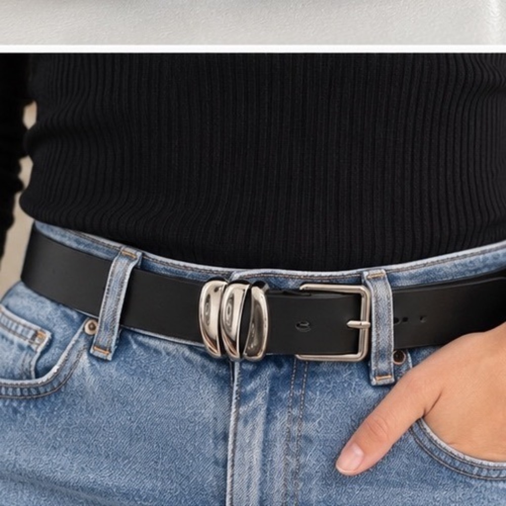Calvin Klein Black Skinny Belt Silver Sculptural Keeper XL 13KA02C011